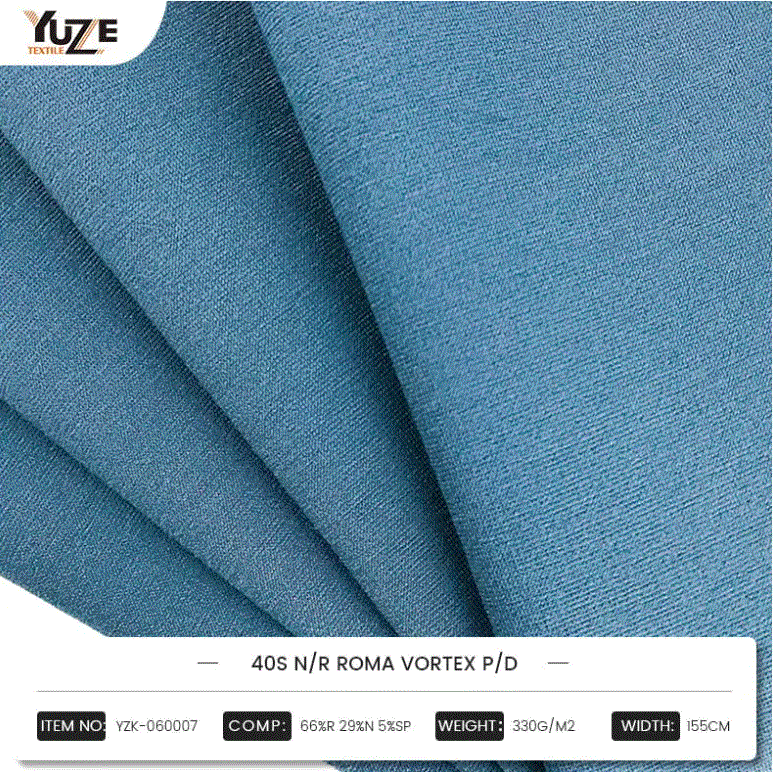 YZK-060007 40S N/R Roma Vortex P/D: Menggabungkan campuran kinerja tinggi rayon, nilon dan spandex, teknologi pemintalan vortex vortex menciptakan pilihan mode yang tahan lama dan nyaman